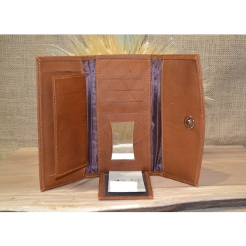 Portfel duży skórzany brązowy z kwiatowym kolorowym haftem .